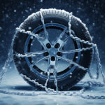 Detailný pohľad na koleso auta s nasadenou kovovou snehovou reťazou a vedľa neho koleso s textilnou auto ponožkou na snehu.