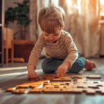 Drevené puzzle poskladané na stole počas kreatívnej hry